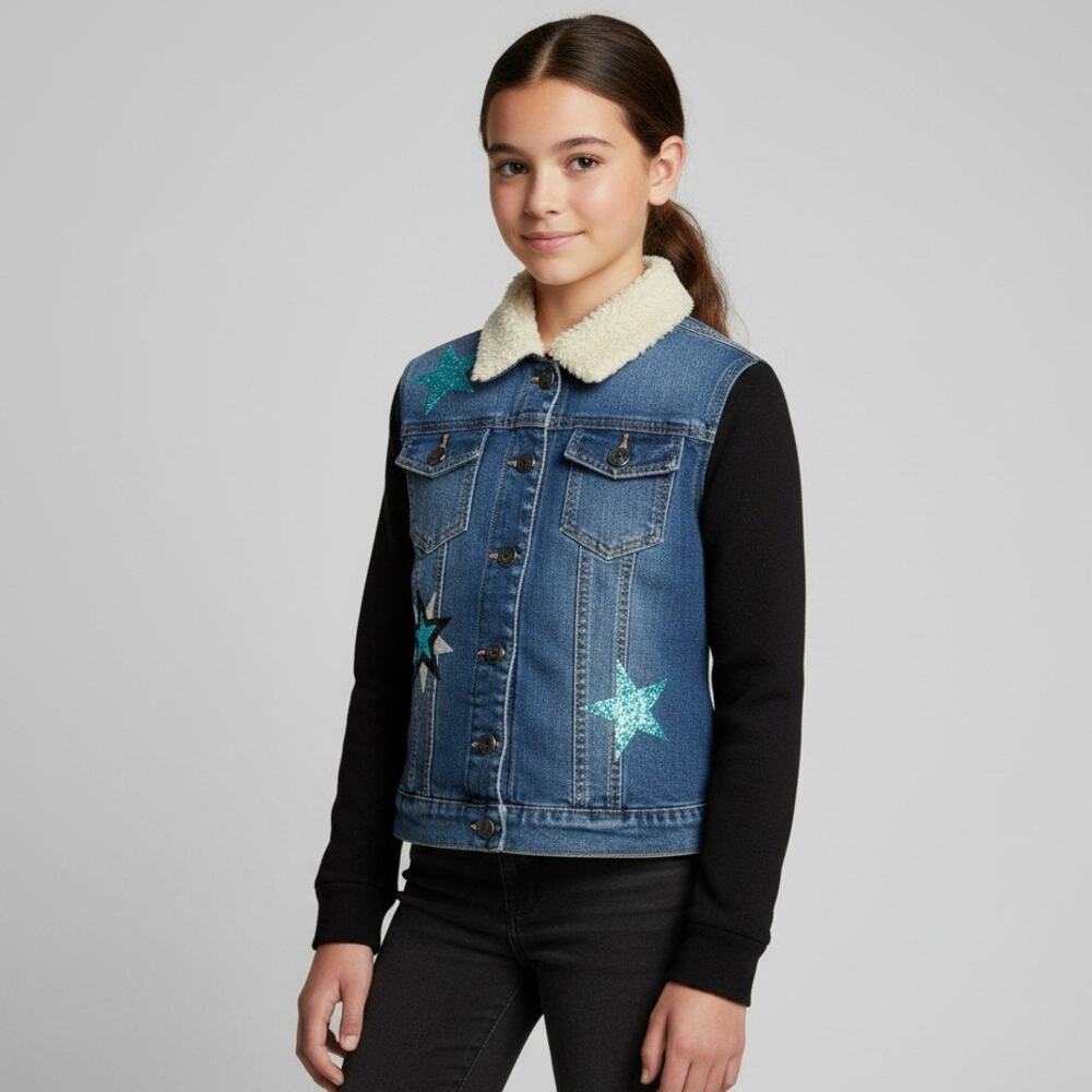 Vigoss Youth Girls Sherpa Fleece Lined Hooded Jean Jacket Stars Patches Size 10